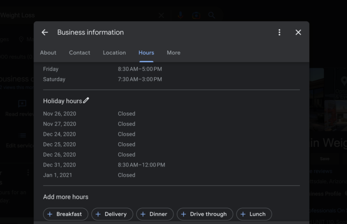 Adding holiday hours to a Google business listing