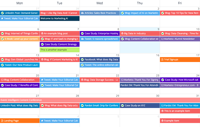 Example of an editorial calendar showing a content plan across several platforms