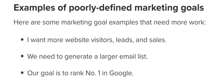 Screenshot showcasing poorly-defined marketing goals to avoid in lawyer website content