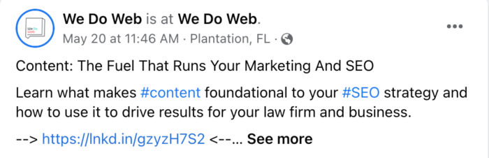 Screenshot of we do web facebook post showing blogging for lawyers best practices