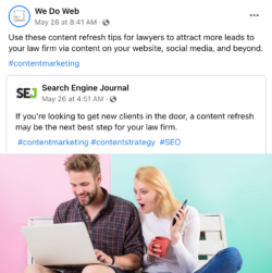 Screenshot of We Do Web Facebook post as an example for lawyers blogging