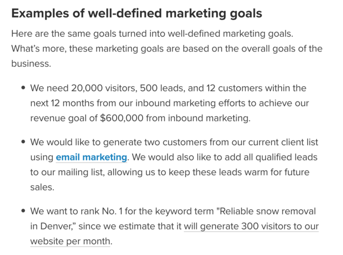 Screenshot showcasing well-defined marketing goals to use in lawyer website content