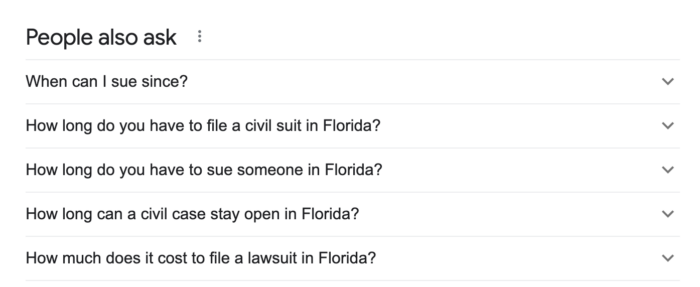 Screenshot of Google's people also ask section for law firm blog ideas