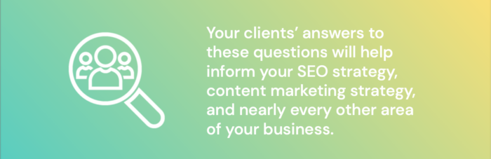 Graphic explaining that client answers to surveys inform your SEO and content marketing strategy.