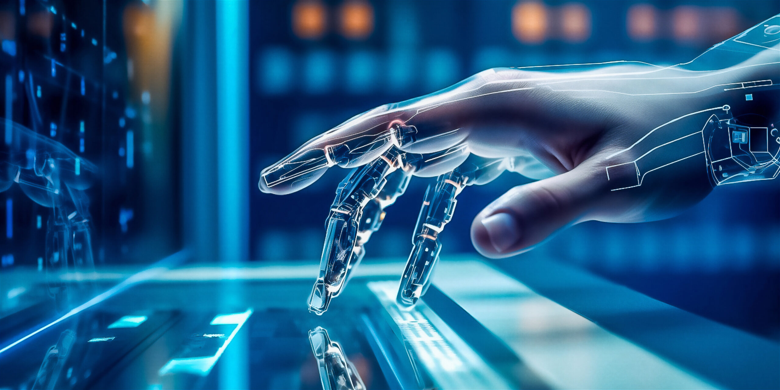 Human hand changing into a robot hand as it types on a computer