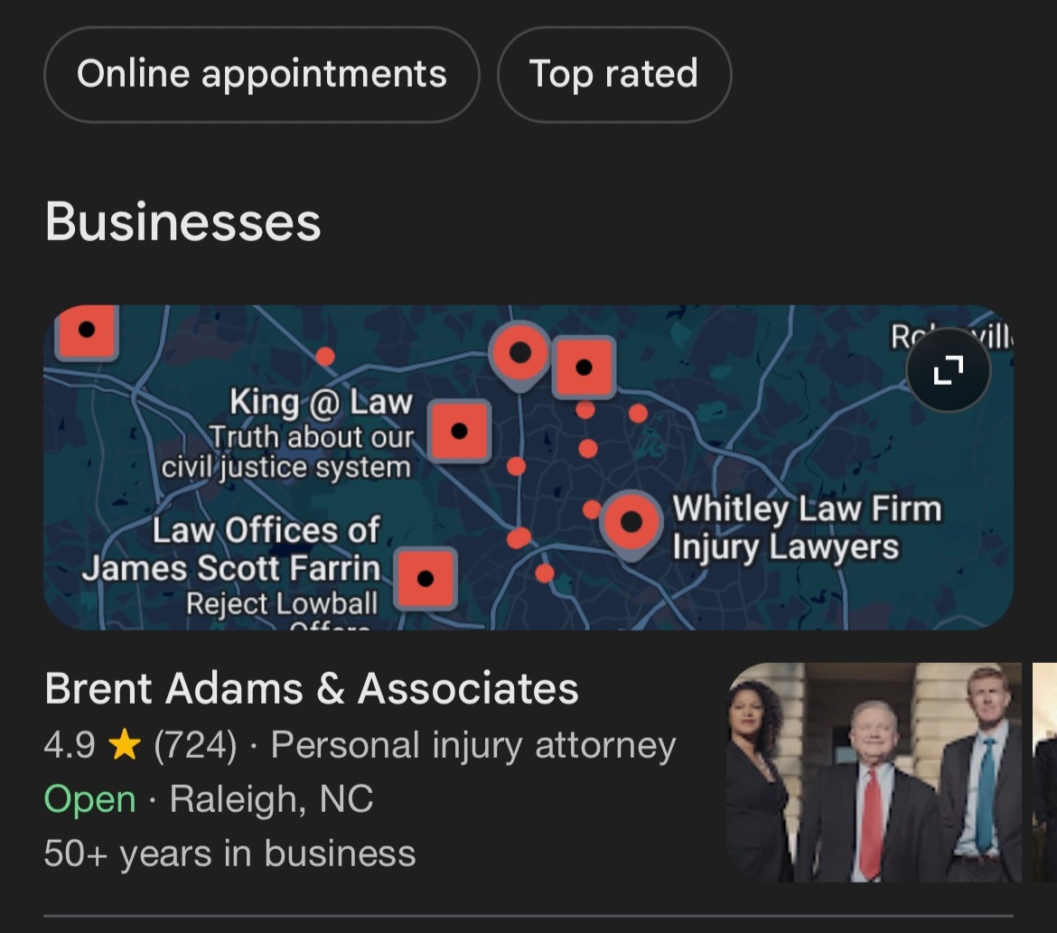 Screenshot of Google map for car accident lawyer near me search