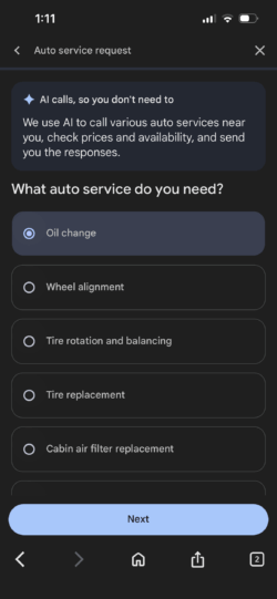 Screenshot of Google Ask for Me feature inquiring about an oil change