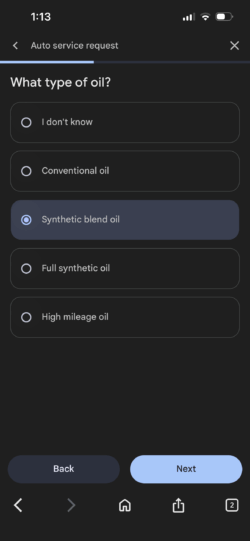 Screenshot of Google Ask for Me feature inquiring about the type of oil needed for the oil change