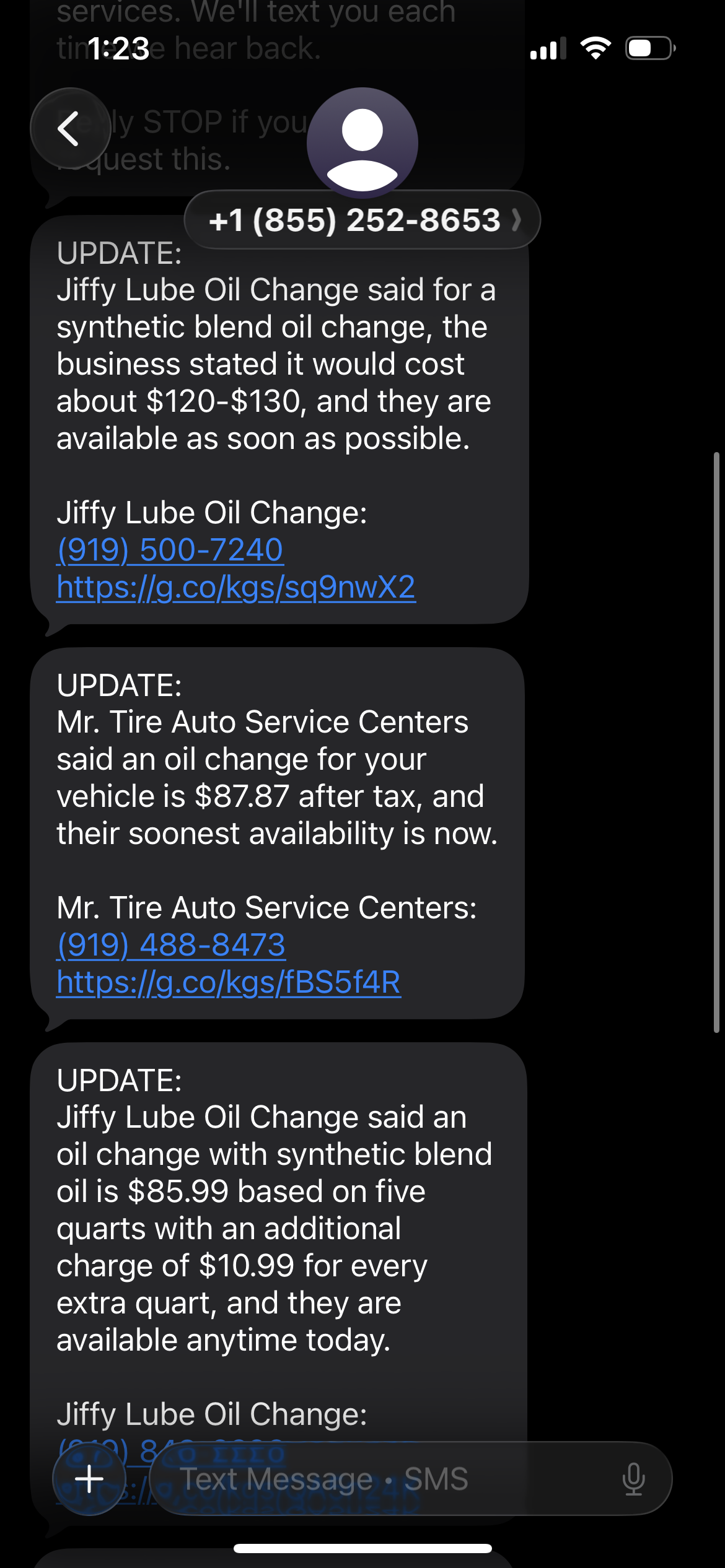 Screenshot of Google's Ask for Me summary of oil change options