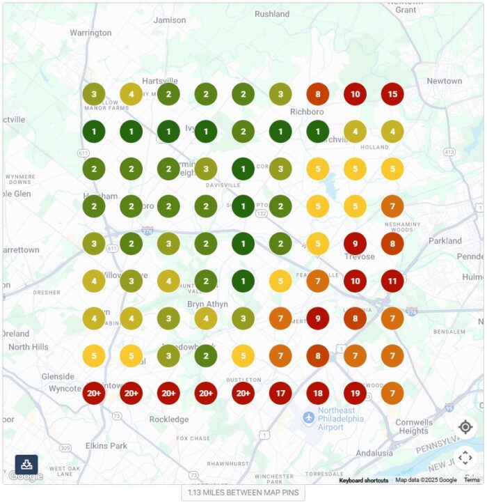 Screenshot of a Local Falcon heat map showing a law firm's local visibility