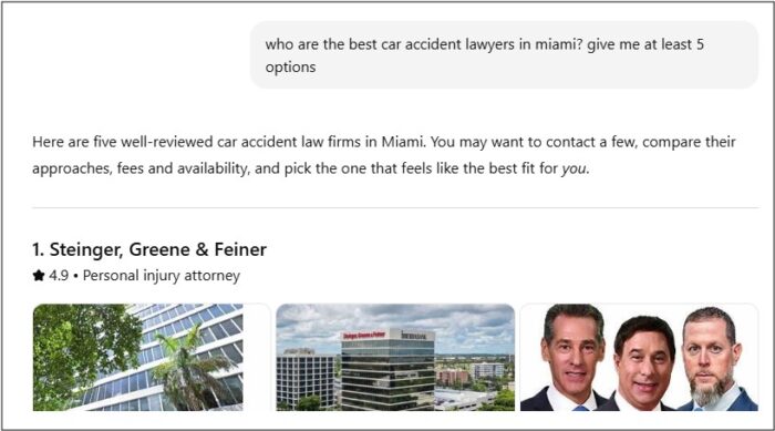 Screenshot of ChatGPT search for 'car accident lawyer in miami'