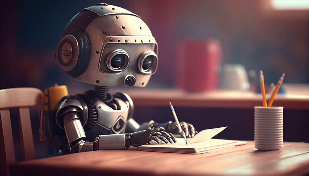 Robot at a student desk learning in a classroom