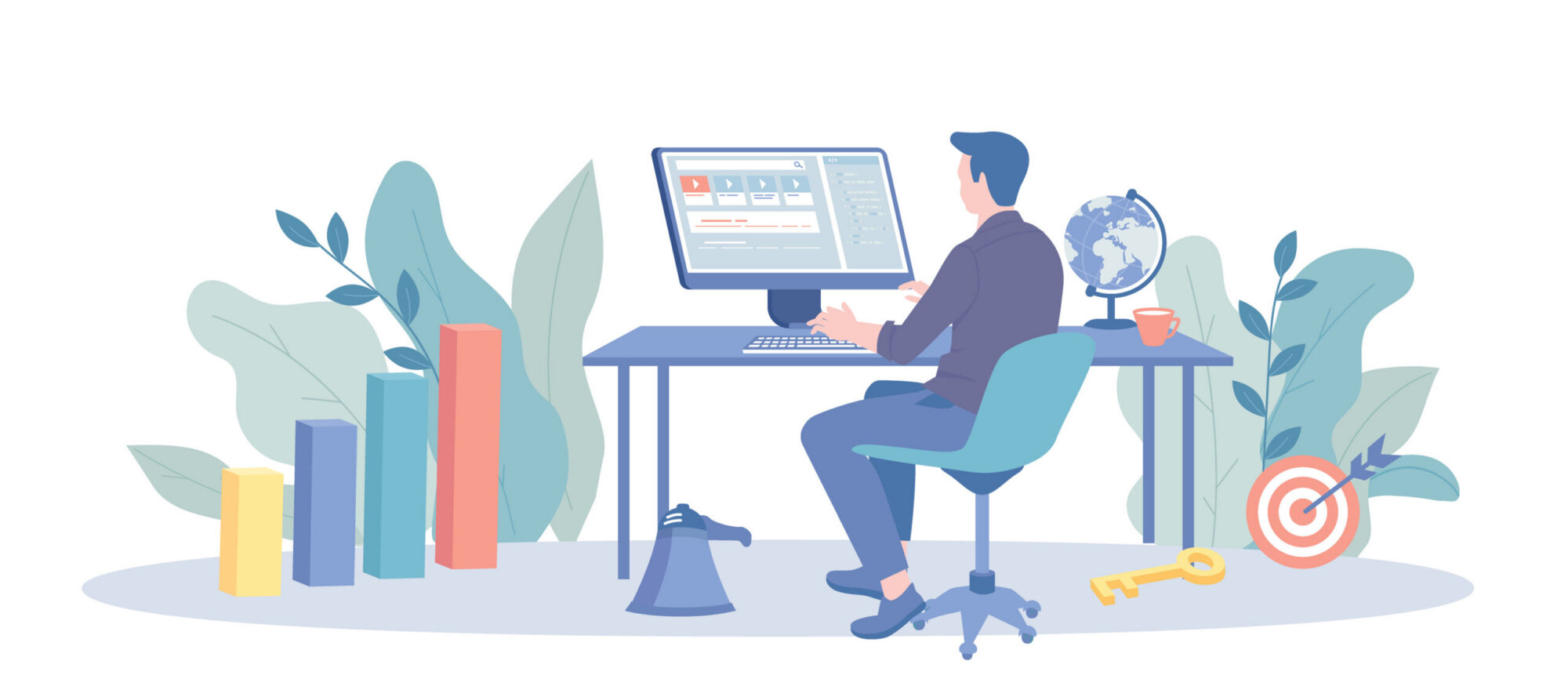 Illustration of a man sitting at a desk and typing on a computer