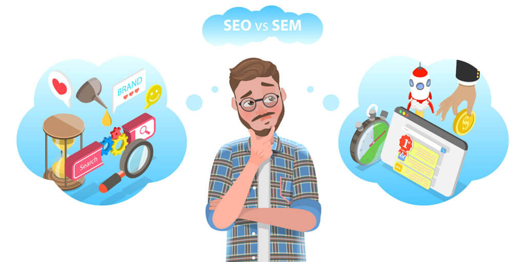 Man thinking about SEO vs. SEM with visual representations of each in thought bubbles.
