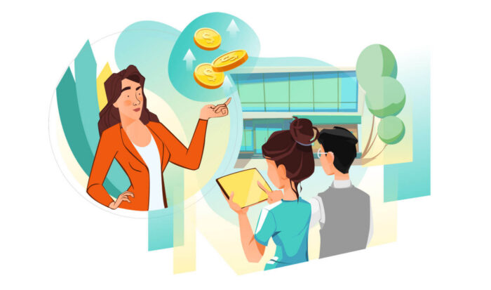 Graphic of We Do Web Content employee discussing legal marketing trends with two people.
