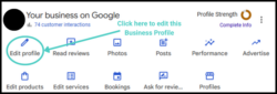 Screenshot of where to find the Edit Profile button on the Business Profile Dashboard